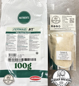 Lallemand Fermaid AT
Yeast Nutrient 100g
A special complex yeast nutrient suitable for higher ABV alcohol fermentation. Used as an yeast nutrient for all alcohol Washes, Cider, Mead, Wine & Beer making. Use in place of any recipe that calls for DAP.