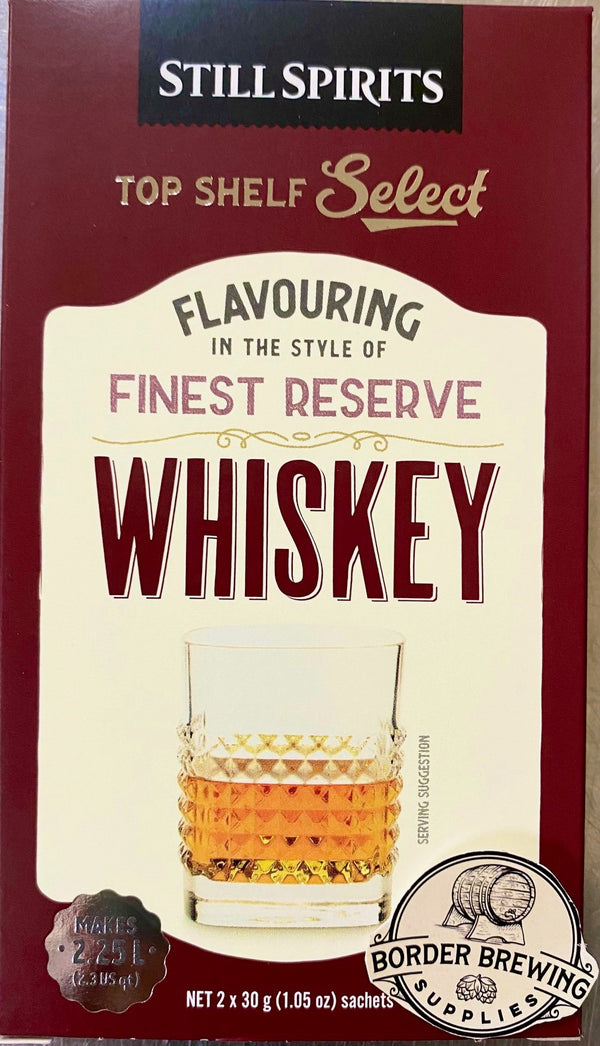 Finest Reserve Whiskey Top Shelf Select Still Spirits Makes a smooth, subtle whiskey with sweet floral and fruit tones, followed by hints of smoky peat. Made to match classic blended whiskeys.  Flavours 2.25L - 2 individual sachets that flavour 1.125L each  In the style of Bell's or Jonnie Black