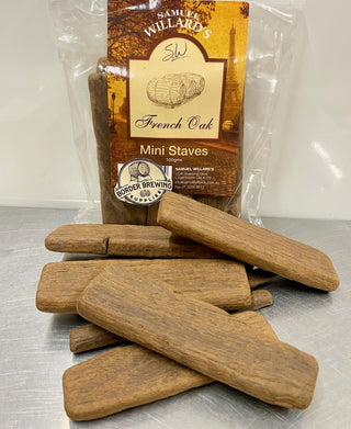 French Oak Barrel Mini Staves Samuel Willard's 100g Experiment to suit your own taste requirements.  As a guide - 20g per Litre of spirit for around 5 days.   Good for: Rum, Whiskey, any oak aged spirit, Wines & Beer Oaking.