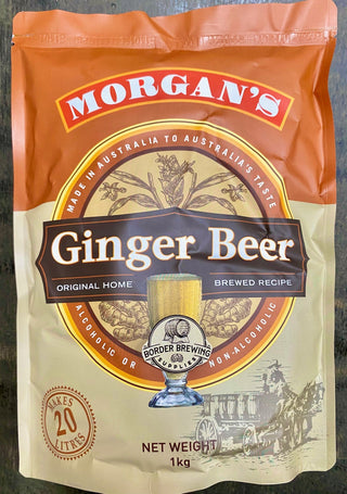 Ginger Beer Morgan’s Brewing Co. Same delicious recipe now packaged in a pouch instead of the old tin style.  Formulated with the perfect balance of Malted Grains & Ginger, this original Morgan's recipe is a perfect summers drink enjoyed in a tall glass filled with ice & a slice of Lime.  Try something different & mix with some Dark Rum over ice.  Makes 20L of Alcoholic or Non-Alcoholic Ginger Beer   Morgan's Ginger Beer is an outstanding brew and is always in high demand. 
