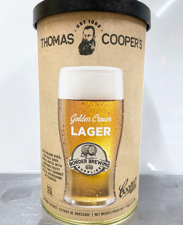 GOLDEN CROWN Lager Thomas Coopers Craft Series 1.7kg DIY Malt Extract Brewing Kit In 1968 Coopers brewed their first ever lager under the moniker ‘Gold Crown.’ A delicate, less sweet beer of the Dortmunder type, it was an overwhelming success and heralded a new era for the brewery. Makes a classic lager with deep Golden hues & a firm Malty body. Refreshingly bitter with a lingering Fruity aroma, this golden lager is crowned by a tight compact head.