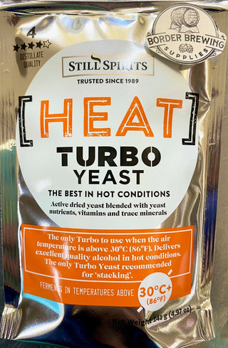 Heat Turbo Yeast Still Spirits The best yeast for HOT Australian Summers  Designed to ferment in ambient temperatures above 33°C while still producing good distillate quality.  This is also the only yeast recommend for stacking - up to 200L of wash can be fermented using 8 packets of HEAT Turbo Yeast.