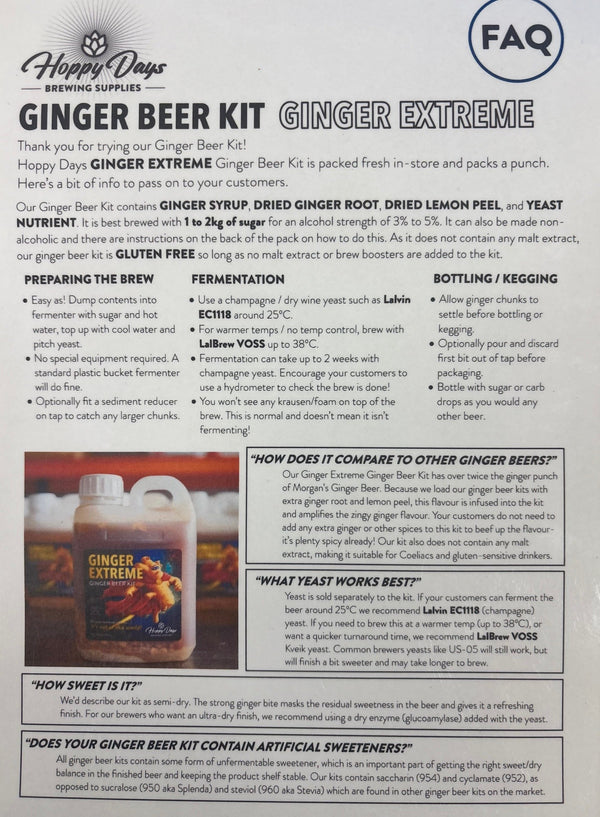 Step-by-step Hoppy Days Ginger Extreme brewing instruction sheet showing how to prepare, ferment, bottle and enjoy 20 litres of homemade ginger beer.