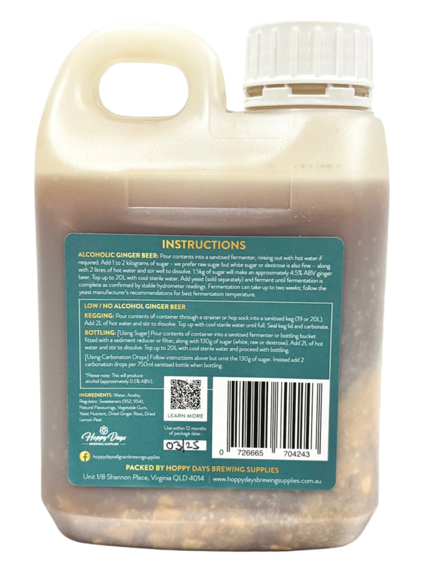 Rear label of the Hoppy Days Ginger Extreme DIY Ginger Beer Kit showing brewing instructions, ingredients, batch information and preparation guide for making 20 litres of homemade ginger beer.