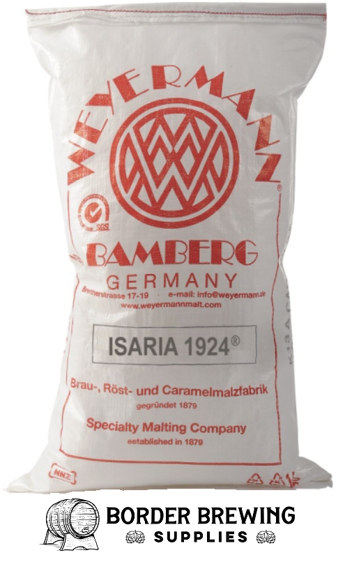 Isaria 1924 Weyermann Made from the oldest German malting barley variety Isaria, which was officially approved for the beer production in 1924. Brewers used Isaria to brew traditional, unfiltered and flavorful traditional German Lagers.  Sensory: malty-sweet taste and soft biscuit like aroma; soft mouthfeel.