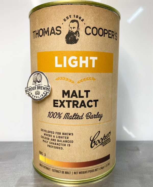 Light Malt Extract Thomas Coopers. A high quality 100% malted barley for brews where a lighter colour and balanced malt character is preferred. Use as a base to create your own recipes.  2-row barley, malted at our on-site Maltings Plant. Coopers unique low temperature evaporation method allows us to maximise the natural flavour and colour characteristics of the malt whilst avoiding caramelised flavours. 