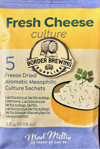 Individual sachets of Mad Millie Fresh Cheese Culture, each designed to culture 4 litres of milk for homemade fresh cheese.