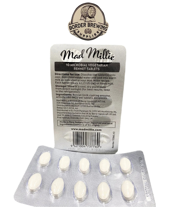 Mad Millie Vegetarian Rennet Tablets 10 Pack for homemade cheese making, suitable for mozzarella, feta, cheddar, halloumi and other artisan cheeses.