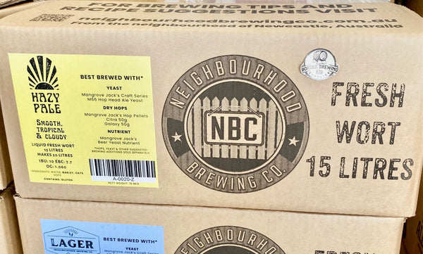 Hazy Pale Ale Fresh Wort Kit Neighbourhood Brewing Co Smooth, Tropical, Cloudy. tropical aroma and flavour.  Hazy or cloudy in appearance and light in colour, this kit results in a smooth and creamy mouthfeel with low to moderate bitterness  We recommend a dry hop to increase the tropical flavours including hints of mango, citrus and tropical notes. If you like tropical flavours and haze you will like this, perfect for summer but can be consumed all year round. Fruity and Juicy!