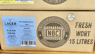 Lager Fresh Wort Kit Neighbourhood Brewing Co Clean, Crisp, Light  Even the non craft beer lovers like this one. Light in both colour and flavour.  Neighbourhood Brewing Co. have used a subtle amount of the traditionally German Hallertau hop in the boil which gives a light spicy and flowery flavour.
