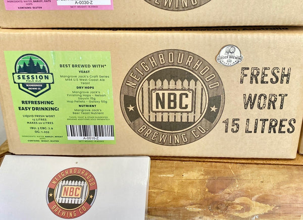 Session Pale Ale Fresh Wort Kit Neighbourhood Brewing Co Refreshing, Easy Drinking  A super drinkable pale ale with low bitterness with a really clean and refreshing flavour.  Neighbourhood Brewing Co. have used a subtle boil addition of Centennial, Citra and Mosaic hops to create an easy drinking go to beer.  Expect hints of mango and pine with tropical aromas.