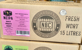 NEIPA Fresh Wort Kit Neighbourhood Brewing Co Juicy, Fruity, Hazy  A beer style with an intense, tropical fruit aroma and flavour.  A grain bill including rolled oats and milk sugar help provide a fuller body and smooth flavour.