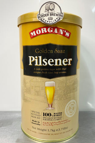 Golden Saaz Pilsner Morgan’s Brewing Co. 1.7kg Malt Extract Brewing Kit Special Kettled Beer Kit Golden in colour, lightly hopped, slightly spicy with a distinct Saaz hop aroma.  Made in Australia with premium quality ingredients