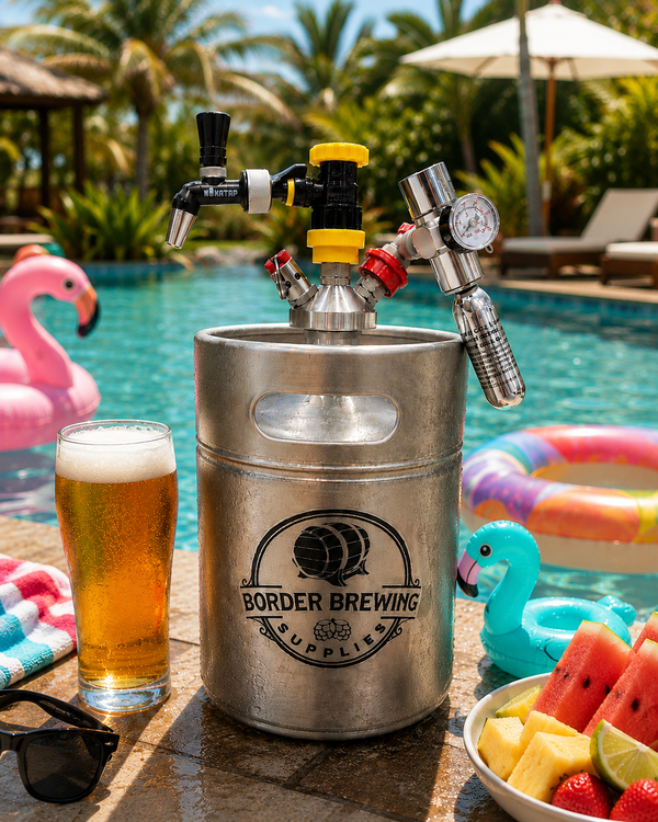 Portable 5 litre mini keg dispensing system pouring fresh draught beer at a barbecue, camping trip or home gathering.