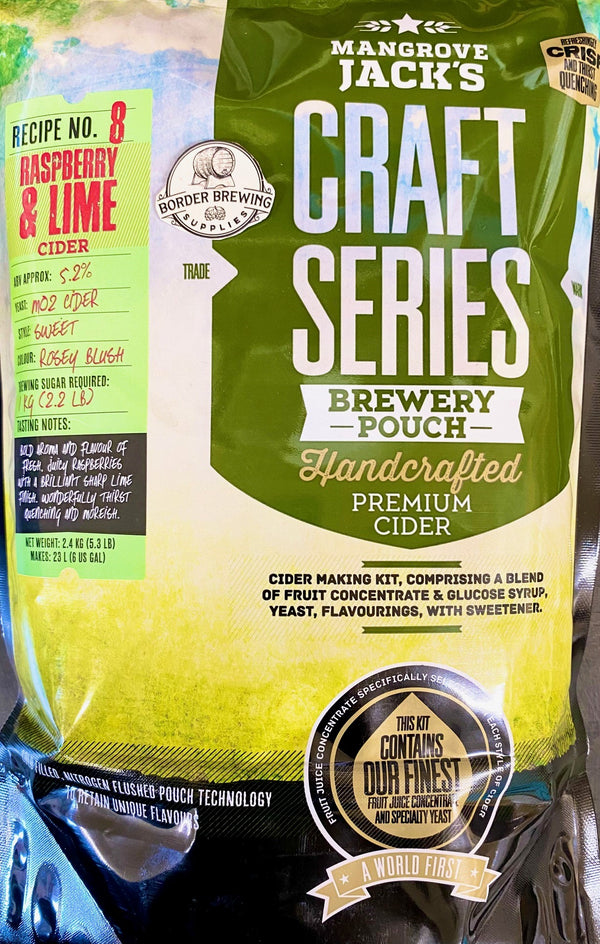 Raspberry & Lime Cider Craft Series 2.4kg Mangrove Jack's Bold aroma and flavour of fresh, juicy raspberries with a brilliant sharp lime finish. Wonderfully thirst quenching and moreish.   The latest cold filling, nitrogen flushed pouch technology to retain the unique flavours.