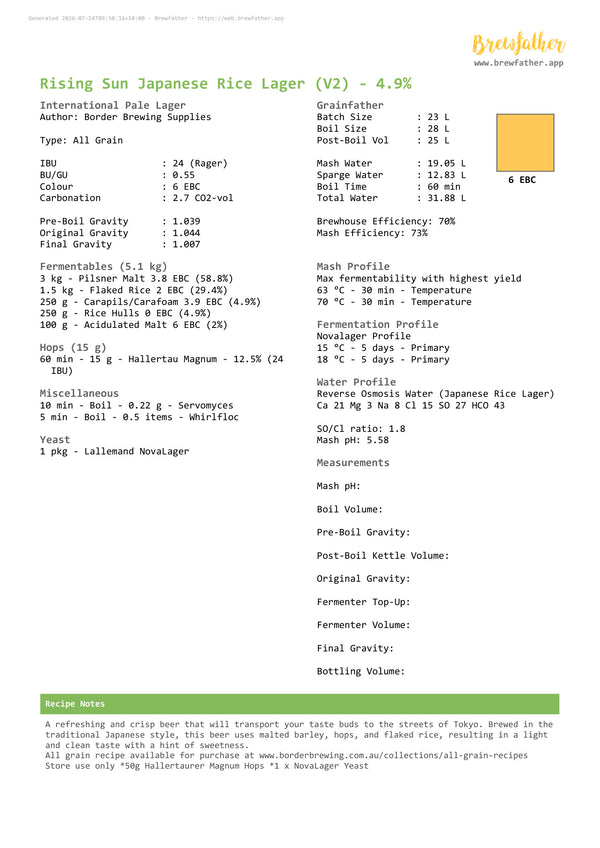 Brewfather recipe for the Rising Sun Japanese Rice Lager Recipe Kit