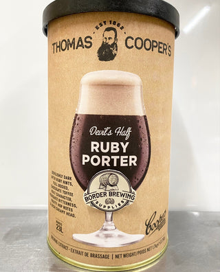 DEVIL'S HALF Ruby Porter Thomas Coopers Craft Series 1.7kg DIY Malt Extract Brewing Kit This devilish brew is inspired by the shady characters of the Devil’s Half Acre.  As black as the sinister night, this full bodied Porter has Ruby hints, delicious Chocolate Toffee malt character, moderate bitterness with Fruity hop notes & a rich creamy head.  It’s sure to bring out your dark side.