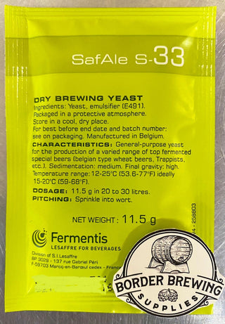 S-33 SafAle Fermentis Is a general purpose ale yeast with neutral flavour profiles. Its low attenuation gives beers a very good length on the palate. This is the yeast with a medium sedimentation: forms no clumps but a powdery haze when re-suspended in the beer. Ideal for specialty ales and trappist type beers. 