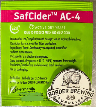 AC-4 SafCider 5g Fermentis Produce Fresh & Crisp Cider with this yeast  Intensely fresh aromatic profile (apple, floral) with a crisp mouthfeel enhancing cider structure.  For sweet & dry ciders from fresh or concentrated apple juices.  Suitable for difficult fermentation conditions and mixes with sugar syrups.