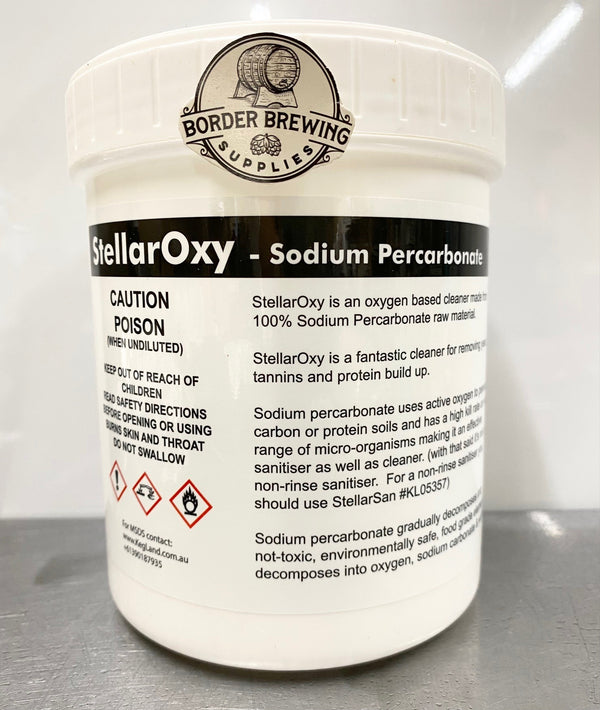 StellarOxy 100% Sodium Percarbonate An oxygen based cleaner made from 100% food grade raw material.  StellarOxy is a fantastic cleaner for removing yeast, tannins and protein build up.  Sodium percarbonate uses active oxygen to penetrate carbon or protein soils and has a high kill rate on wide range of micro-organisms. Use with a no-rinse sanitiser (Stellarsan) in your brewery. Gradually decomposes into not-toxic, environmentally safe, food grade elements.