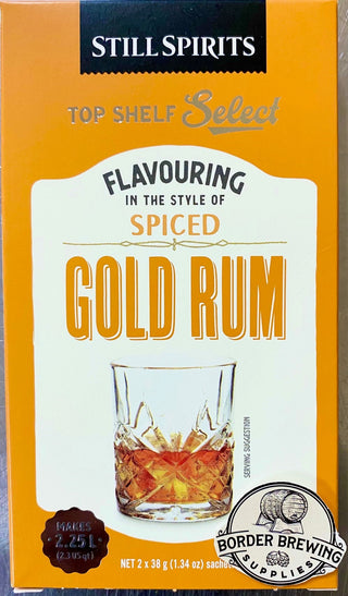 Spiced Gold Rum Top Shelf Select Still Spirits A smooth, sweet and indulgent rum flavouring with warming spices and rich caramel notes.  Flavours 2.25L - 2 individual sachets that flavour 1.125L each  In the style of Captain Morgan