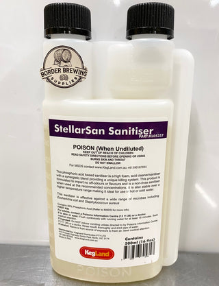StellarSan Sanitiser No Rinse 500ml 100% Food Grade Perfect for santising all your brewing equipment and surface areas.  Not suitable for use on wood, unglazed porcelain or other porous materials, soft metal such as aluminium, copper or brass.  Phosphoric Based - similar to StarSan