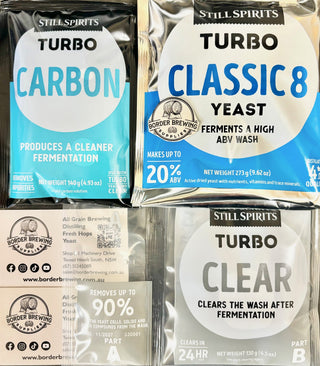 Still Spirits Classic 8 Turbo Pack containing Classic 8 Turbo Yeast, Turbo Carbon and Turbo Clear for producing clean, high-quality sugar washes.