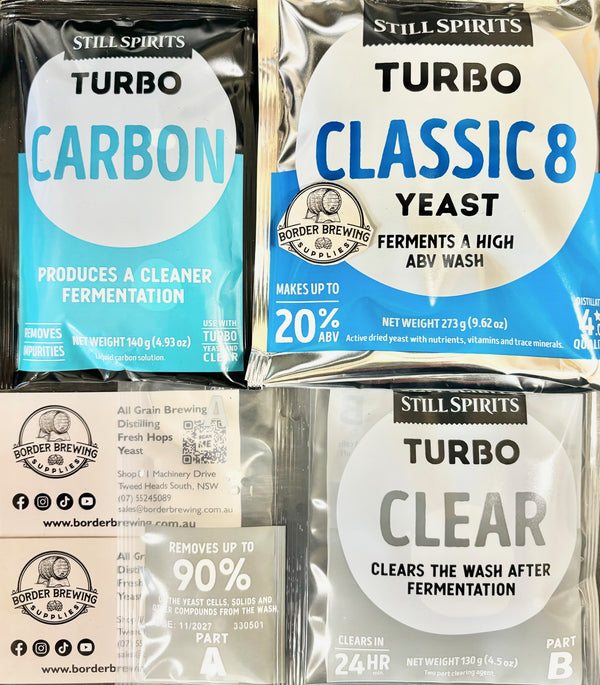 Still Spirits Classic 8 Turbo Pack containing Classic 8 Turbo Yeast, Turbo Carbon and Turbo Clear for producing clean, high-quality sugar washes.