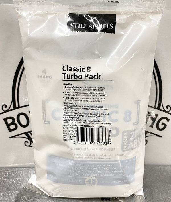 Contents of the Still Spirits Classic 8 Turbo Pack showing Classic 8 Turbo Yeast, Turbo Carbon and Turbo Clear.