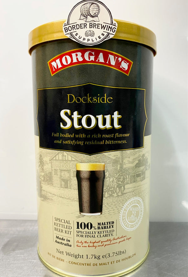 Dockside Stout Morgan’s Brewing Co. 1.7kg Malt Extract Brewing Kit Special Kettled Beer Kit Full Bodied with a rich roast flavour and satisfying residual bitterness.  Made in Australia with premium quality ingredients.