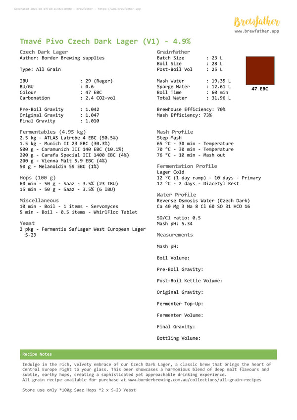 Brewfather recipe for the Tmavé Pivo Czech Dark Lager all grain recipe kit
