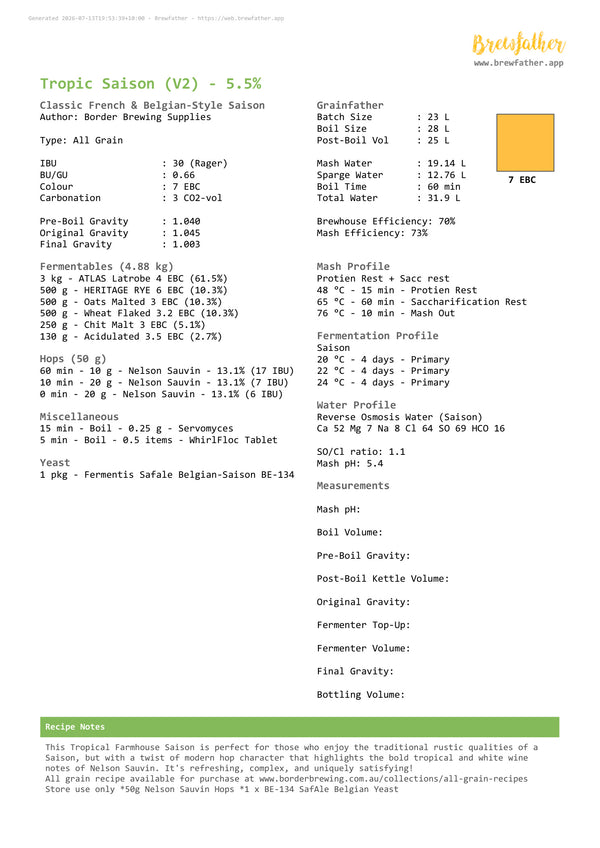 Complete Brewfather recipe for the award-winning Tropic Saison Belgian Saison All Grain Recipe Kit by Border Brewing Supplies.