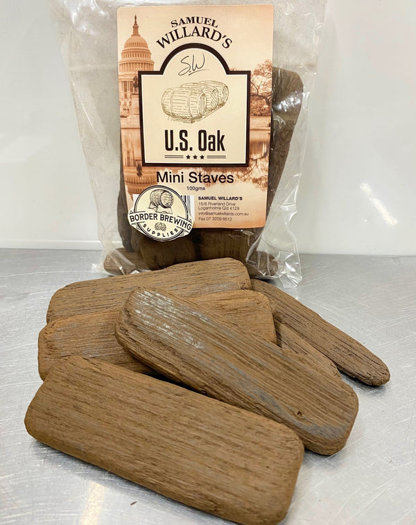 U.S. Oak Barrel Mini Staves Samuel Willard's 100g Experiment to suit your own taste requirements.  As a guide - 20g per Litre of spirit for around 5 days.   Good for: Whiskey, any oak aged spirit, Wines & Beer Oaking.