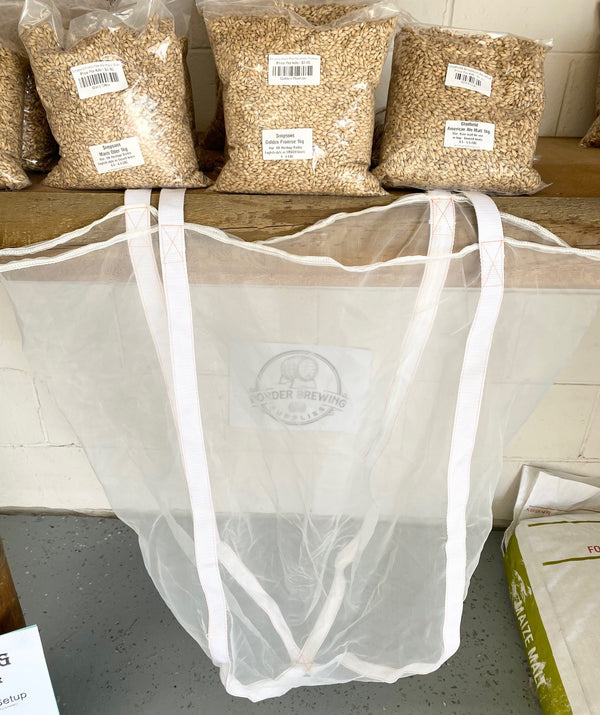 Grain Bag Brew in a bag mash BIAB All Grain Brewing Pot Liner Grain Bag Pot Liner with Webbing Hooks BIAB - Brew in a Bag Featuring 65-micron mesh with 1-inch reinforced Webbing.  The bags are 70cm x 85cm making them large enough to use in even pots that are 60 litres and over!