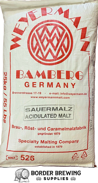 Acidulated Malt Weyermann Substitutes - Gladfield Sour Grapes  Made from the finest German quality brewing barley. Contains natural lactic acid derived from un-hopped beer wort. Important ingredient to adjust the mash- and thus wort pH. Contributes to the optimization of the mash conversion.  Sensory: fruity-acidic, universally applicable