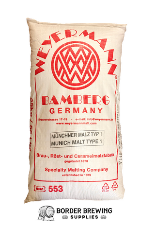 Munich Malt T1 Weyermann Made from the finest German quality brewing barley. The rich malt aroma and color of the malt are perfect for malt-forward and deeper color beer styles.  Sensory: pronounced malt aroma with notes of caramel, honey and bread