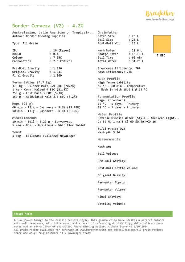 Brewfather recipe sheet for the award-winning Border Cerveza Mexican lager all grain recipe kit.