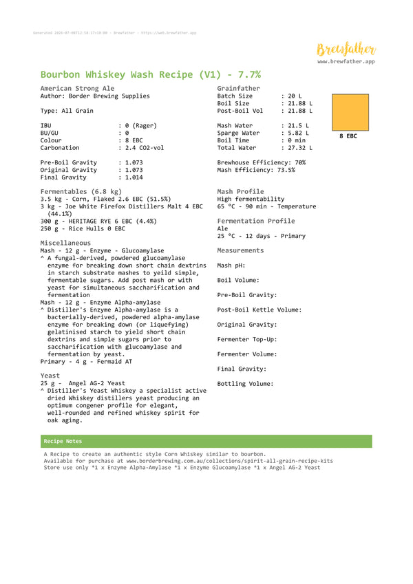 Complete Brewfather recipe for the Border Brewing Bourbon Whiskey Wash Kit