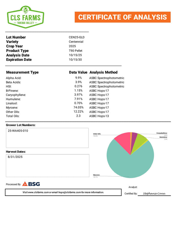 Centennial Hops 2025 T90 Pellet lot CEN25-GLD certificate of analysis – 9.9% alpha acid and 2.3 total oils