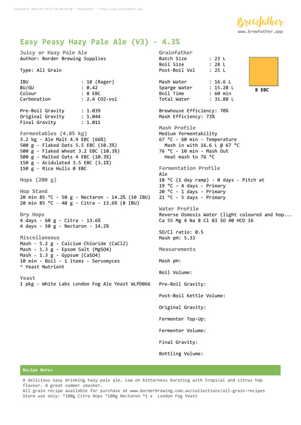 Brewfather recipe sheet for the Easy Peasy Hazy Pale Ale all grain recipe kit with Citra, Nectaron and London Fog yeast
