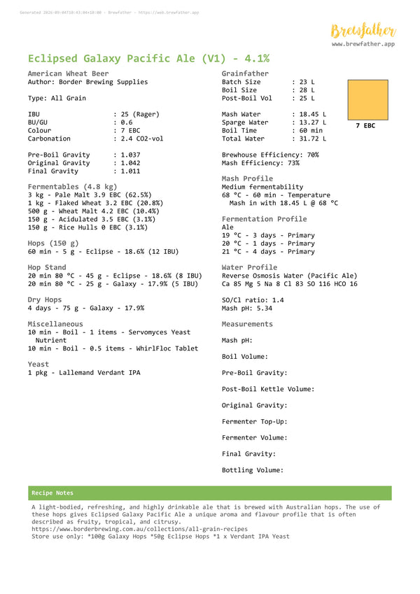 Brewfather recipe sheet for the Eclipsed Galaxy Pacific Ale all grain recipe kit.