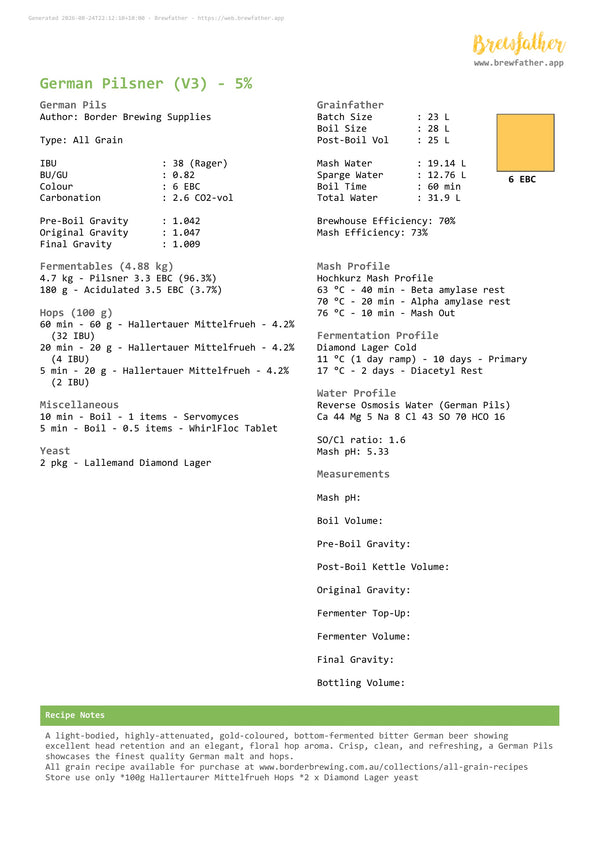 Brewfather recipe for Germans Pilsner recipe