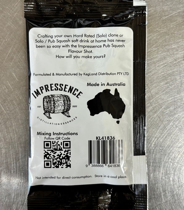 Impressence Pub Squash flavor shot packaging with text and QR code on a metallic surface