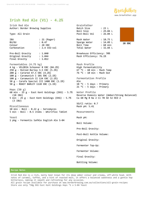 Brewfather brewing recipe for the Irish Red Ale all grain recipe kit