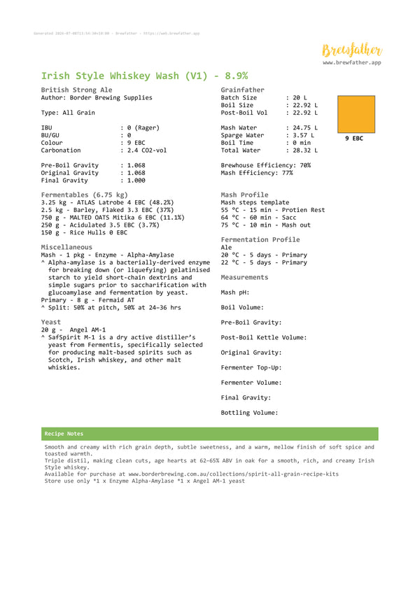 Complete Brewfather recipe for the Border Brewing Irish Style Whiskey Wash Kit