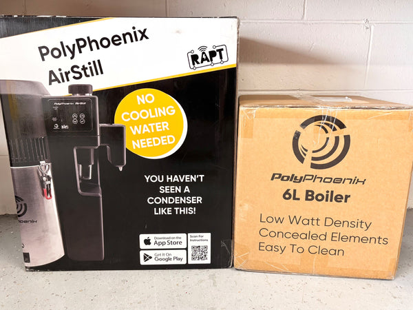 KegLand PolyPhoenix Air Still Pro 6L distillation kit with original product packaging and accessories.