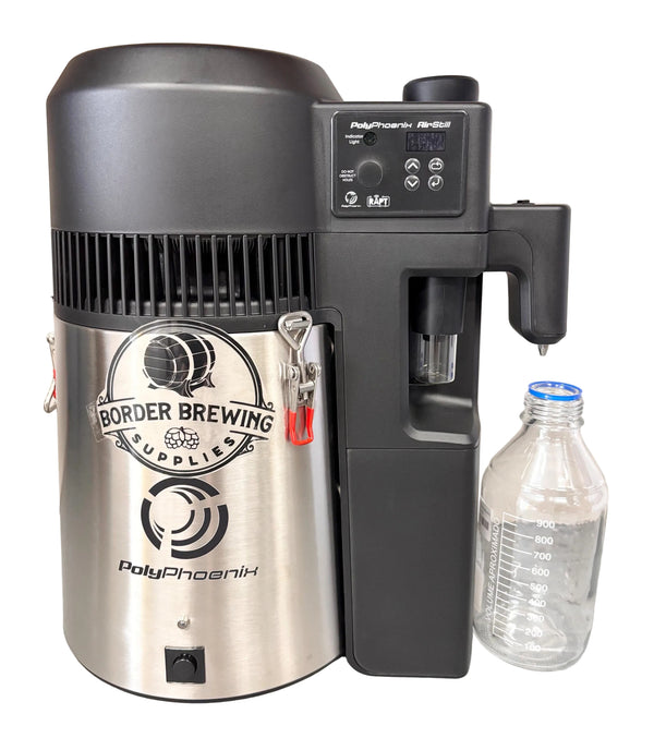 KegLand PolyPhoenix Air Still Pro 6L stainless steel distillation unit with collection bottle and integrated cooling system.
