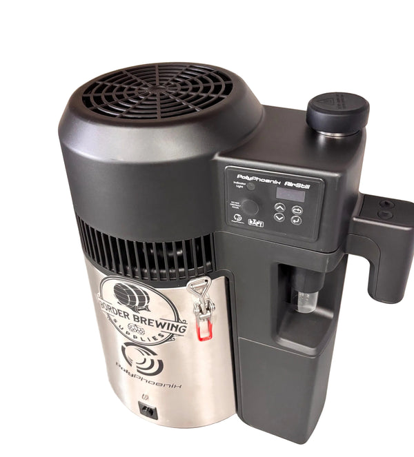 KegLand PolyPhoenix Air Still Pro 6L compact distillation kit showing air-cooled condenser and digital control panel.