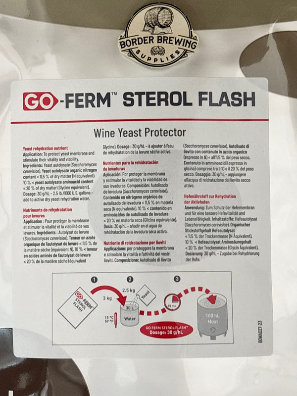 Lallemand Go-Ferm Sterol Flash 100g back of pack with yeast rehydration instructions and dosage information
