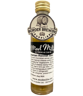 Mad Millie Vegetarian Liquid Rennet 50ml for homemade cheese making, producing firm curds for mozzarella, cheddar, gouda, feta and other artisan cheeses.